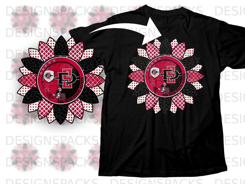Black t-shirt featuring a sunflower design with San Diego State Aztecs logos and helmets.