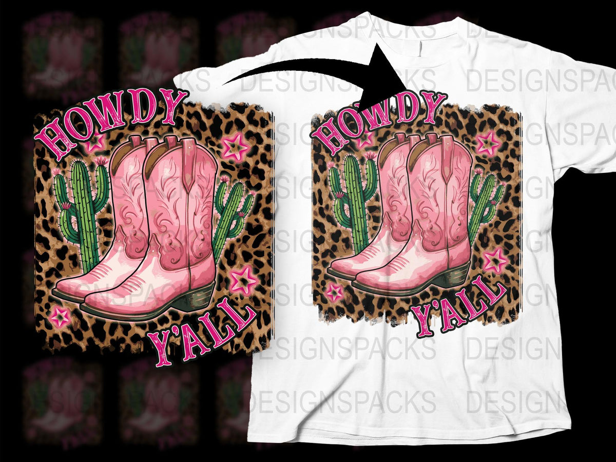 Howdy Y'all Pink Cowboy Boots Cactus Leopard Print Women's Graphic T-Shirt Casual Fashion