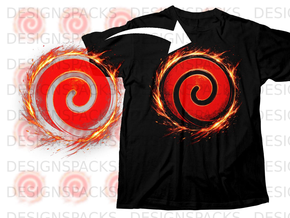 Black t-shirt with a red spiral graphic surrounded by flames.