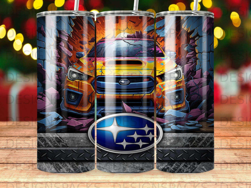 Yellow Subaru WRX with Subaru logo on cracked concrete background.