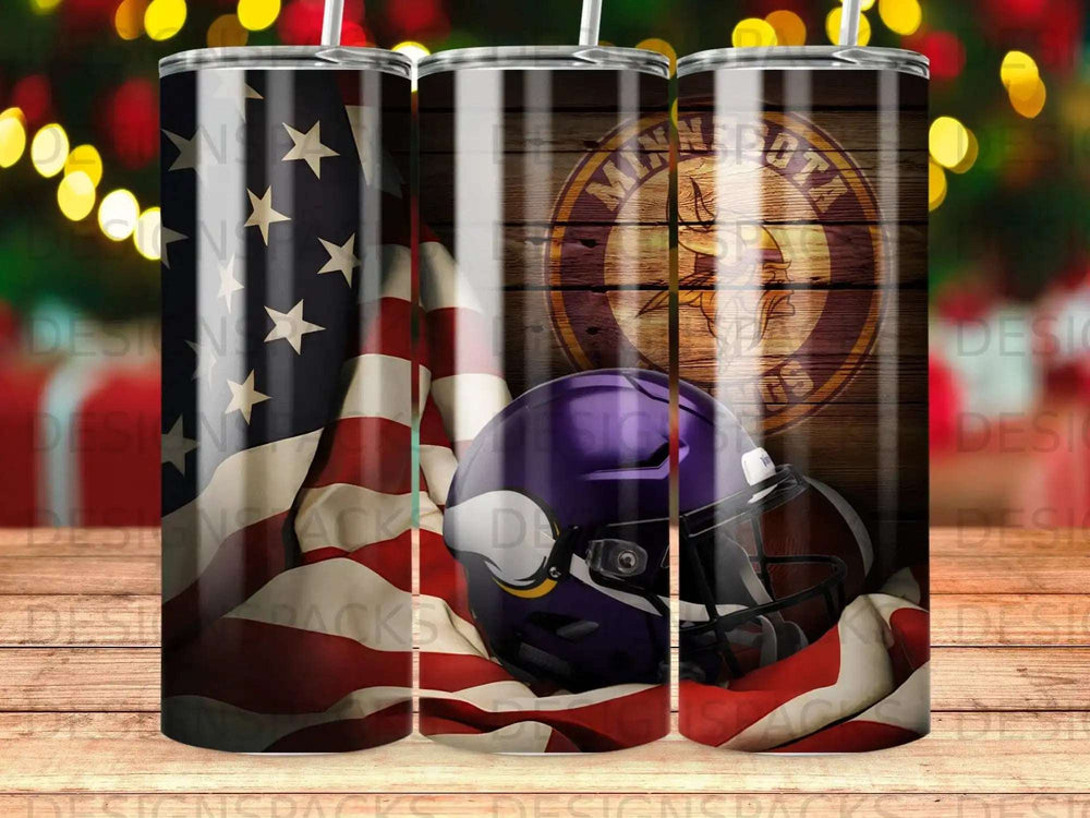 Minnesota Vikings helmet and American flag on a wooden background.