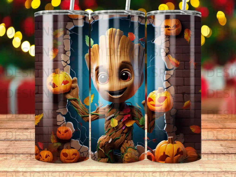 Groot holding pumpkins with a brick wall background.