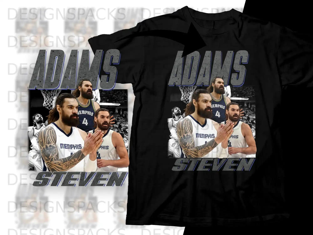 Black t-shirt with "ADAMS 4 STEVEN" and basketball player graphics.