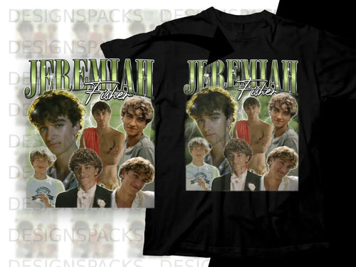 Black t-shirt with collage of Jeremiah Fisher photos and 