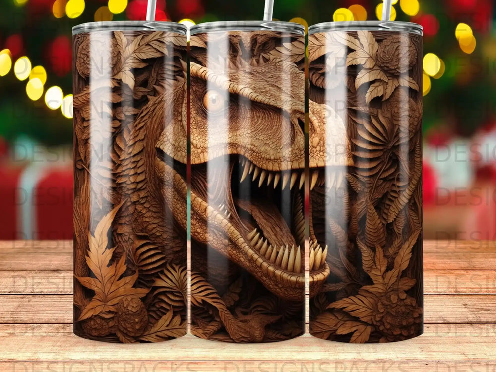 T-Rex dinosaur skull and foliage design on a tumbler.