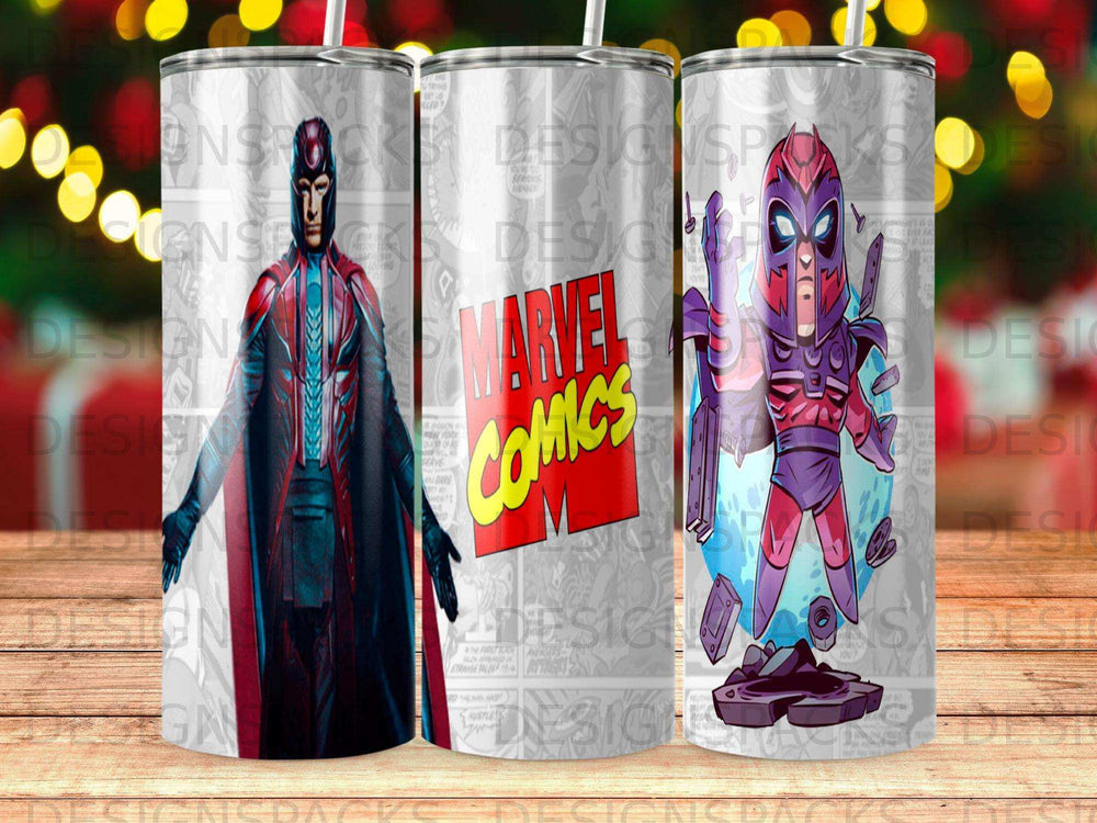 Magneto and Avengers comic book art on three tall, cylindrical tumblers.