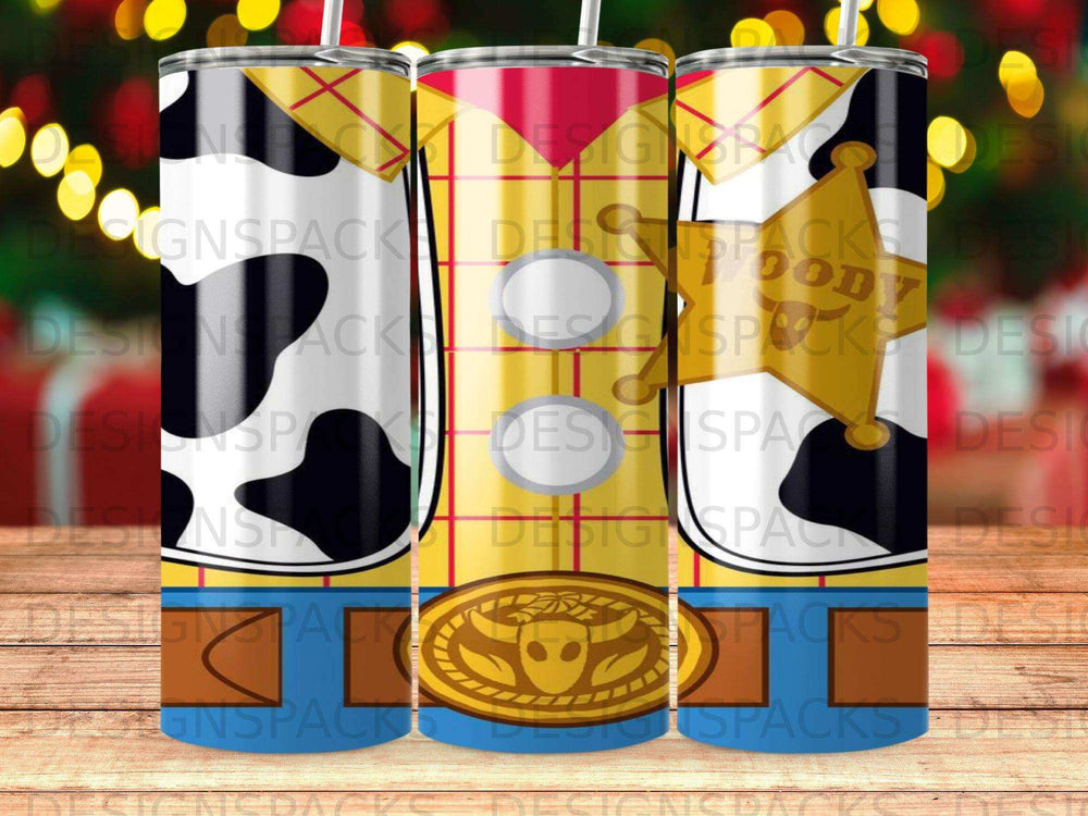 Woody's sheriff badge and cow print pattern on three tumblers.