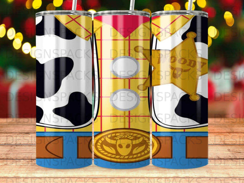 Woody's sheriff badge and cow print pattern on three tumblers.