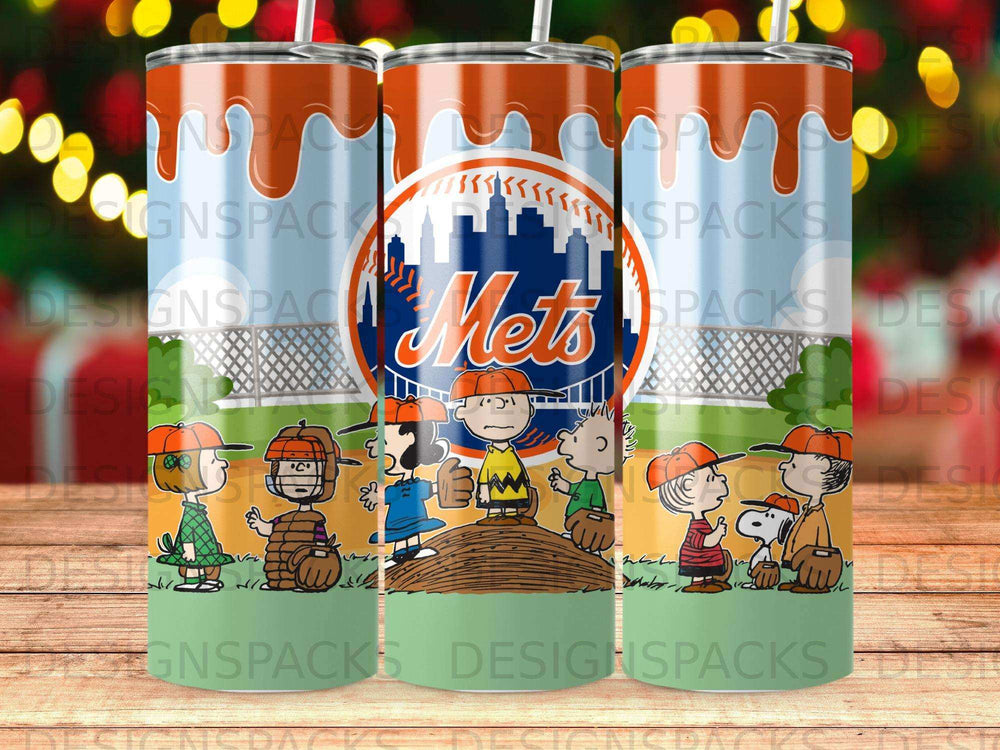 New York Mets characters on a tumbler with a stadium background.