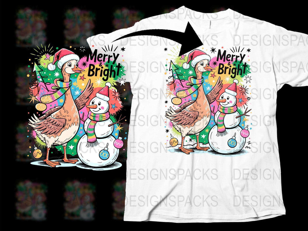 Merry and Bright Turkey Christmas T-Shirt, Colorful Holiday Graphic Tee, Festive Winter Apparel for Family