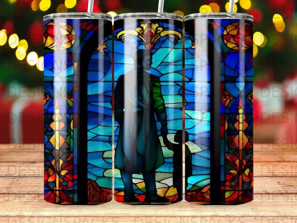 Stained glass pattern with a silhouetted figure and child.