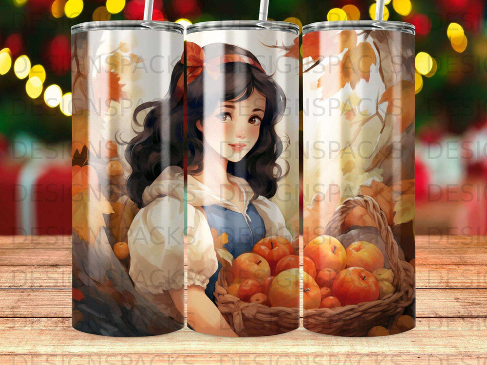 Snow White holding a basket of apples with fall leaves.