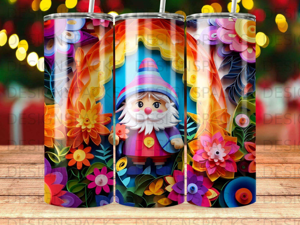 Gnome with colorful flowers and fire elements, 3D effect.