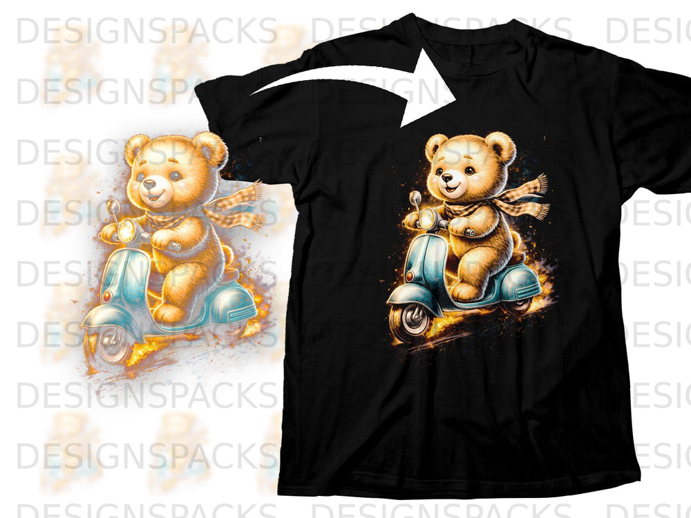 Cute bear wearing a scarf riding a scooter with flames.