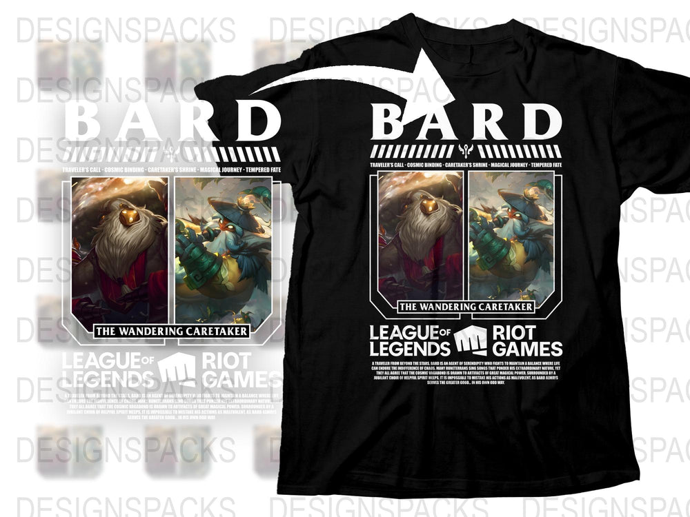 Bard Character T-Shirt, League of Legends Tee, The Wandering Caretaker Print, Black T-shirt with Graphic Design