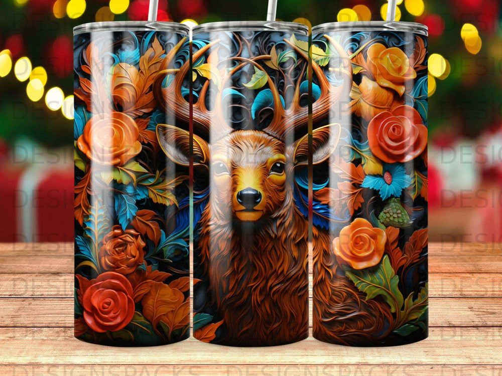 Deer with floral antlers and orange roses on a dark background.