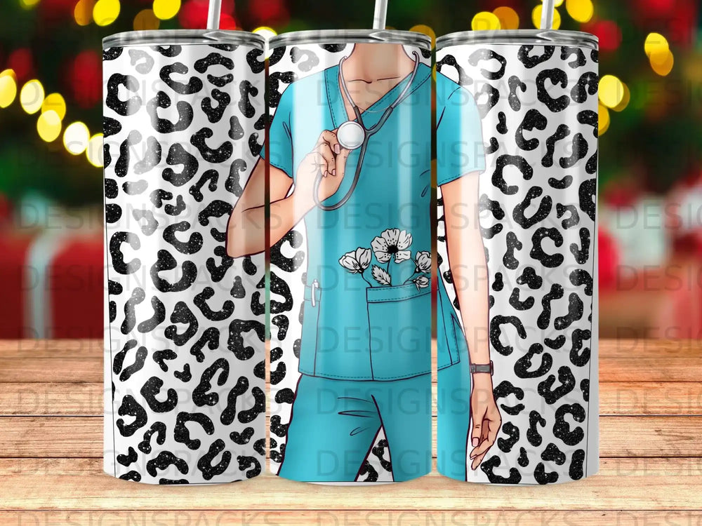 Nurse with stethoscope and stethoscope pattern on tumbler.