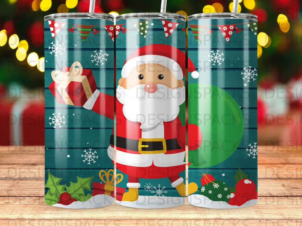 Santa Claus in red suit holding gift against patterned background.