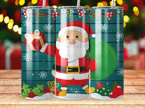 Santa Claus in red suit holding gift against patterned background.
