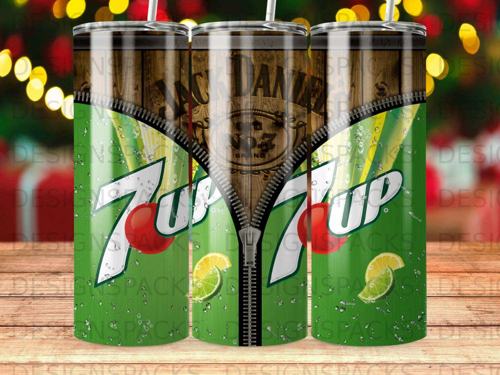 Jack Daniel's and 7UP zipper design tumbler with ice and lime.