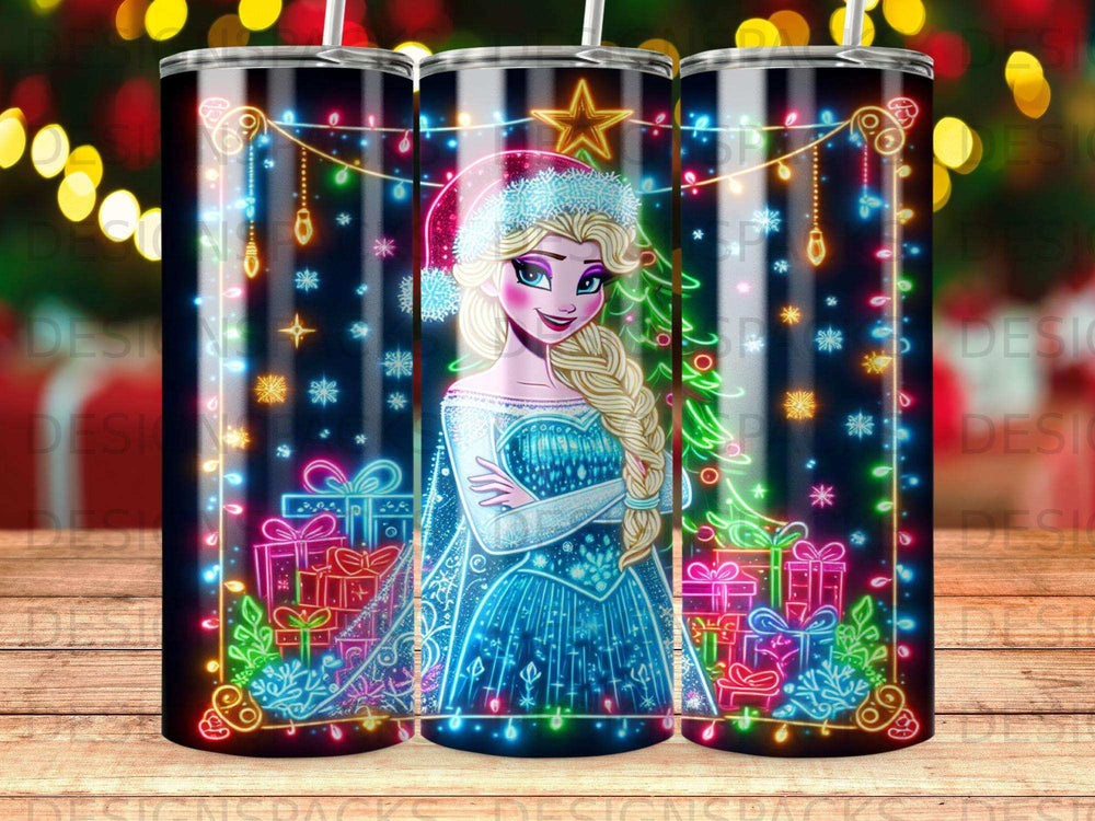 Elsa from Frozen in a festive, neon-lit scene with presents and Christmas lights.