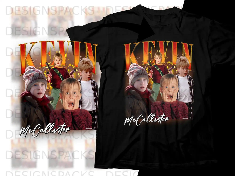 Black t-shirt featuring Macaulay Culkin as Kevin McCallister from Home Alone.