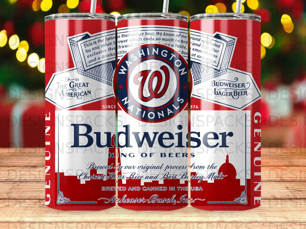 Budweiser beer can design with "Washington Nationals" logo.
