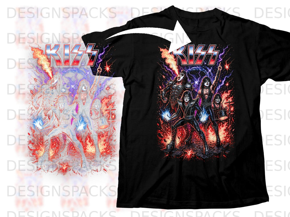 Black t-shirt featuring the rock band KISS with pyrotechnics and lightning effects.