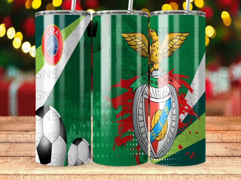 Benfica crest and soccer ball on a green tumbler with repeating logo.