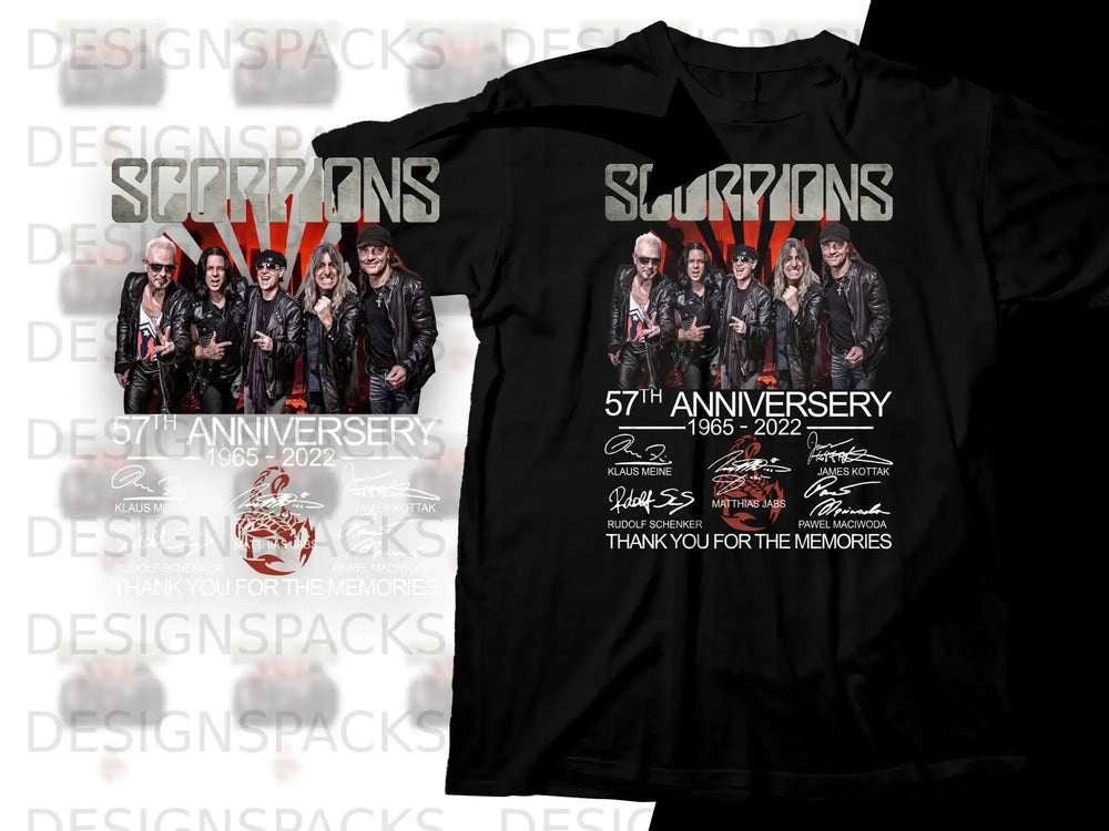 Scorpions 57th anniversary t-shirt with band photo and signatures.
