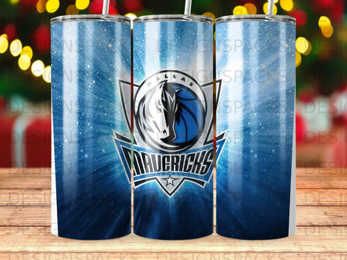 Dallas Mavericks logo on a blue, starburst-patterned tumbler.