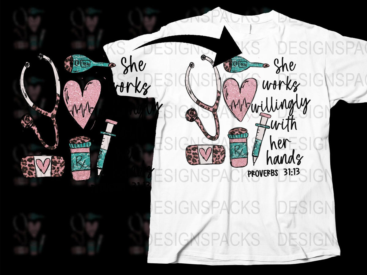 Nurse Themed Graphic T-Shirt, Proverbs 31:13, Medical Equipment Tee, Heart Stethoscope Design Shirt
