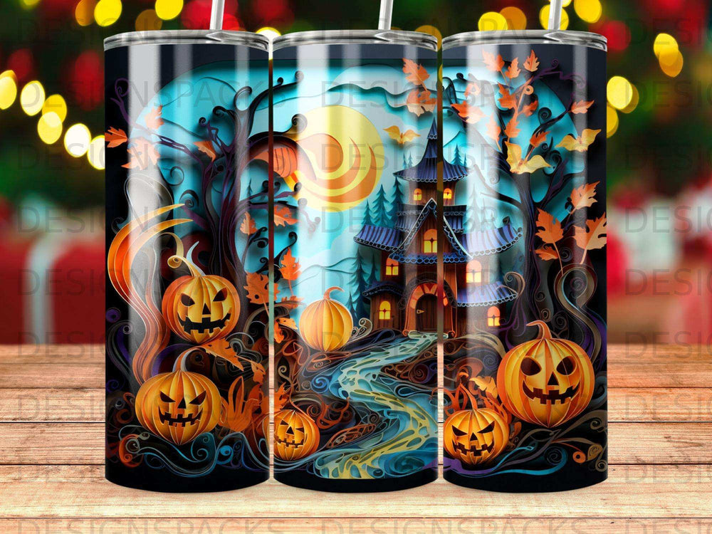 Haunted house with pumpkins and spooky trees, moonlit night scene.