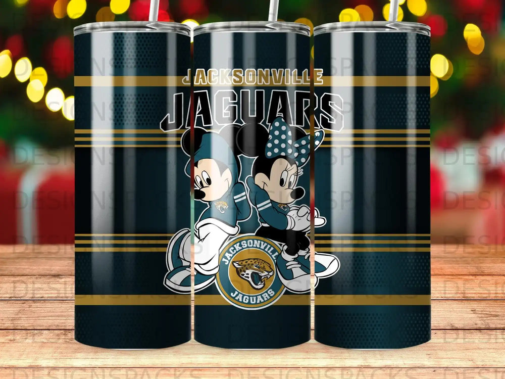 Jacksonville Jaguars Mickey and Minnie Mouse design on a tumbler.