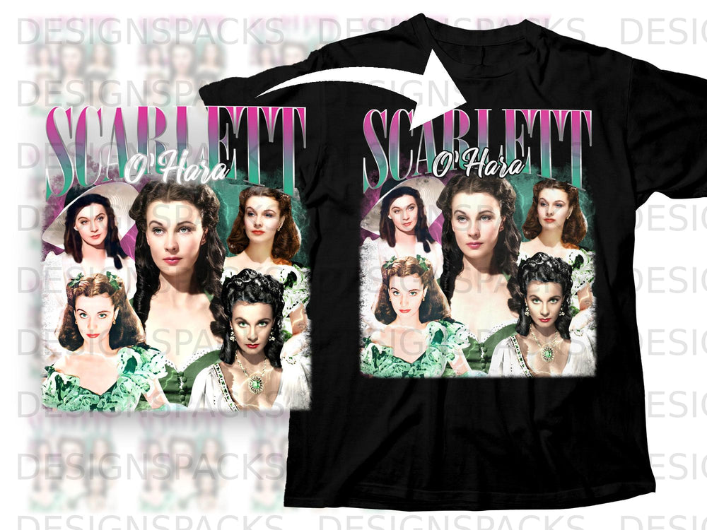 Scarlett O'Hara montage with four portraits on a black t-shirt design.