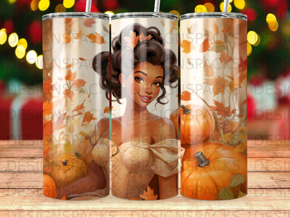 Woman in autumn dress with pumpkins and falling leaves, tumbler design.