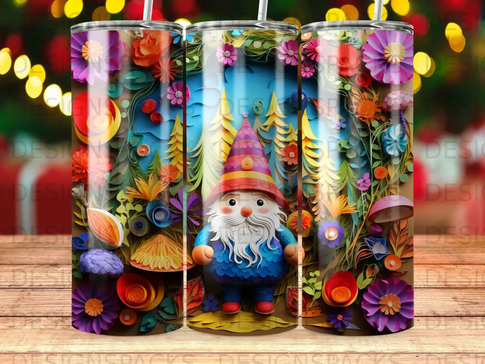 Gnome in colorful forest with flowers, trees, and string lights.