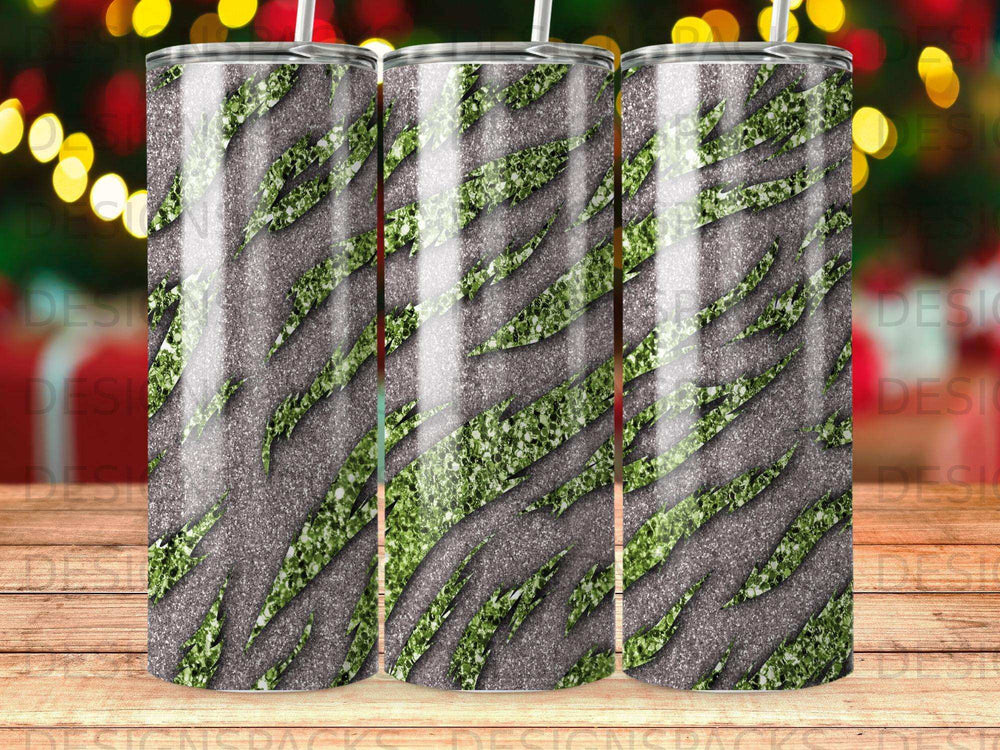 Glittery green tiger stripes on a dark textured tumbler.