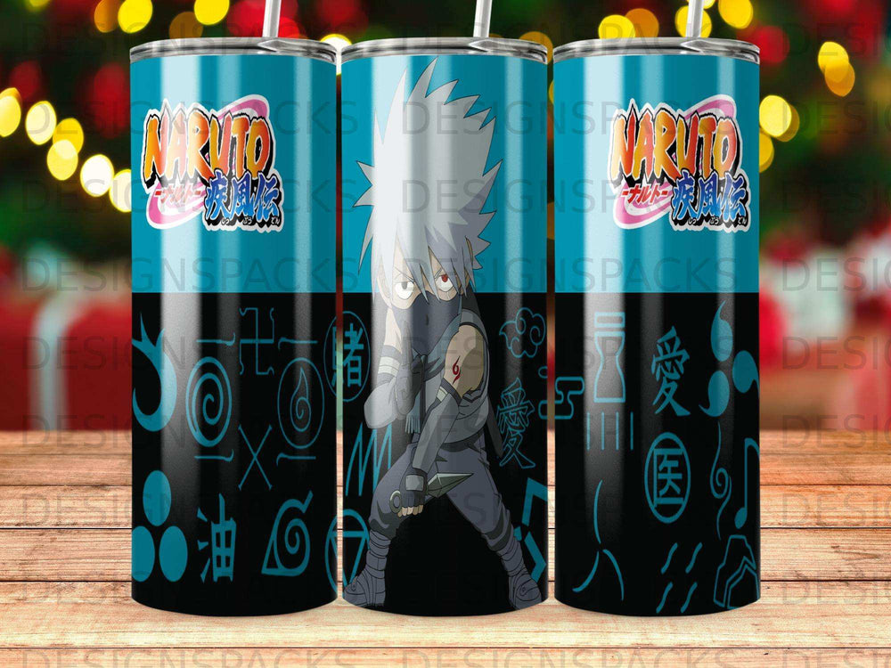 Naruto anime characters and Japanese symbols on a blue tumbler.