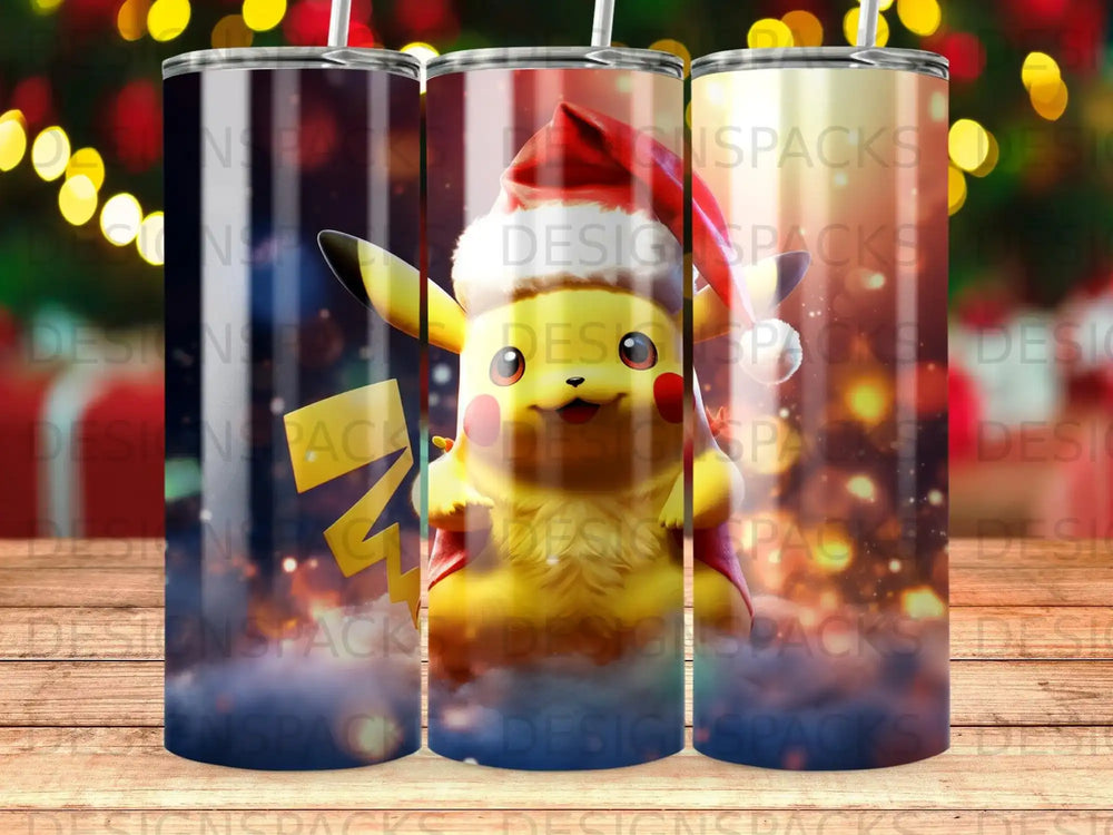 Pikachu wearing a Santa hat, holding a lightning bolt, on a holiday tumbler.
