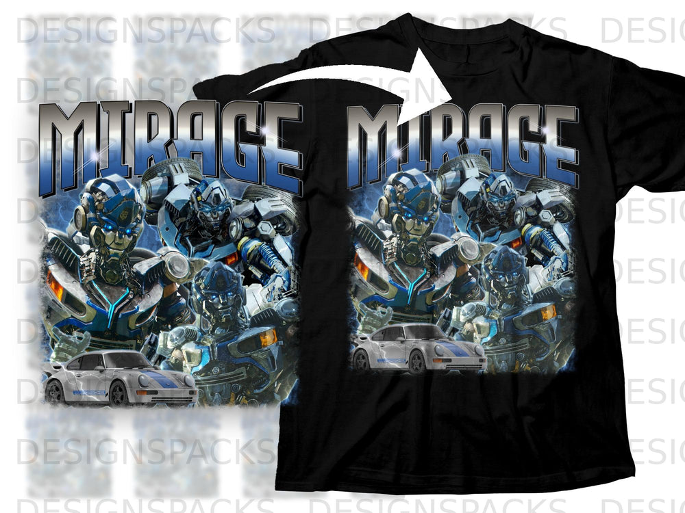 Black t-shirt with "Mirage" text and robots next to a silver Porsche.