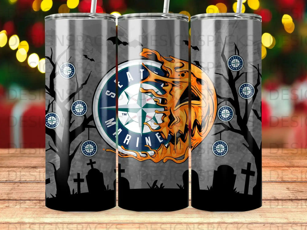 Seattle Mariners logo on a tumbler with a spooky forest and gravestones.