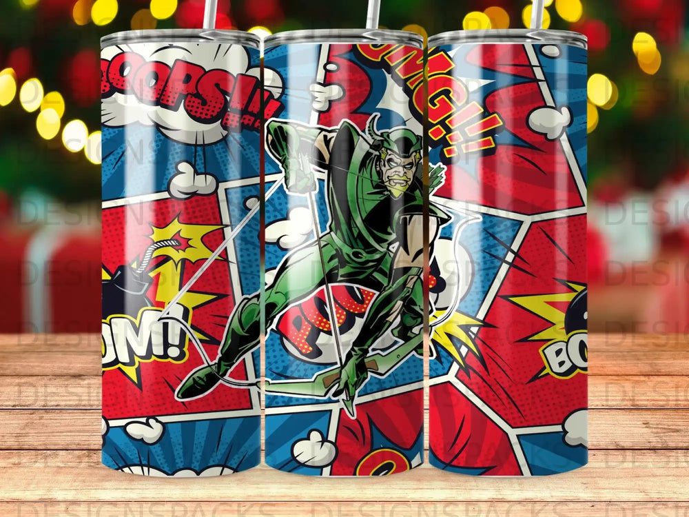 Green Arrow superhero in comic book style art, action pose, red and blue background.