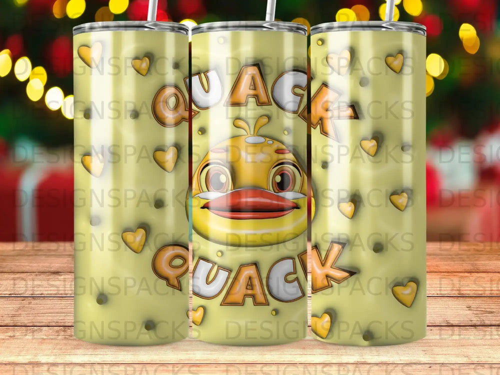 Yellow cartoon duck with "QUACK" text on a skinny tumbler.