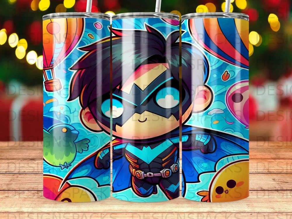 Chibi superhero with blue mask and cape flying with balloons.