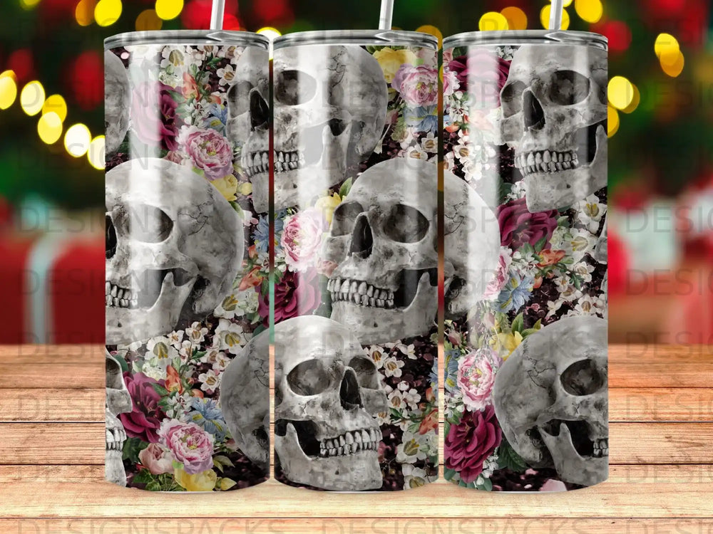 Skulls and roses pattern on a tumbler.
