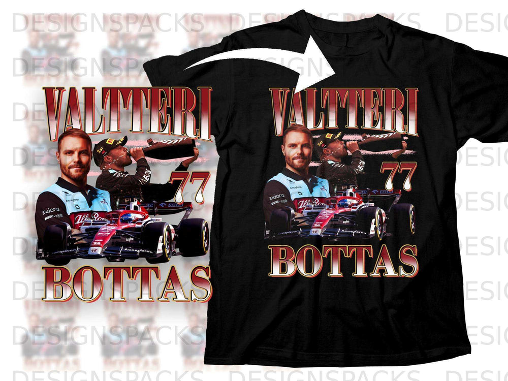 Valtteri Bottas racing shirt with driver and Formula 1 car graphic.