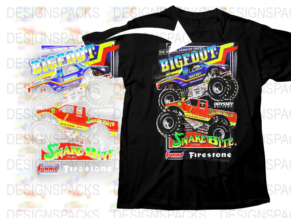 Monster Truck Graphic T-Shirt, Colorful Bigfoot and Snake Bite Design, Firestone Racing Tee