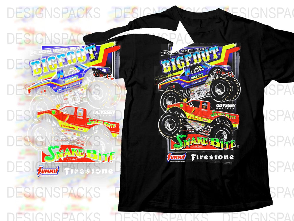 Monster Truck Graphic T-Shirt, Colorful Bigfoot and Snake Bite Design, Firestone Racing Tee