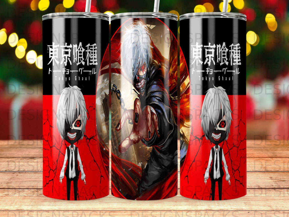 Tokyo Ghoul kaneki Ken artwork on three tumblers.